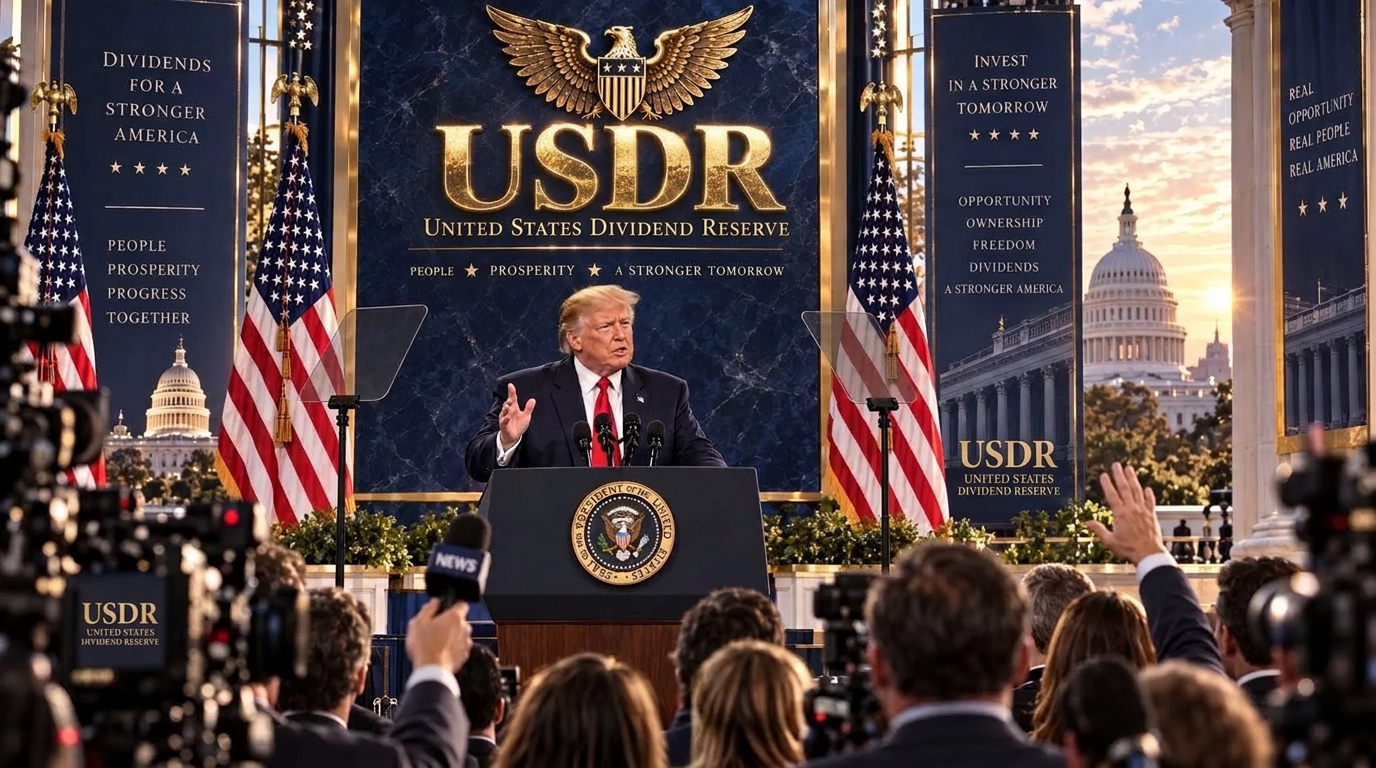 President Donald Trump speaking at a USDR-themed press conference